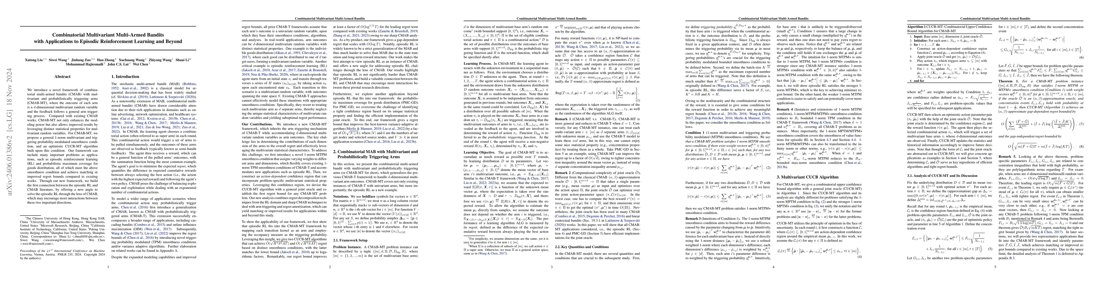 Thumbnail for Combinatorial Multivariant Multi-Armed Bandits with Applications to
  Episodic Reinforcement Learning and Beyond