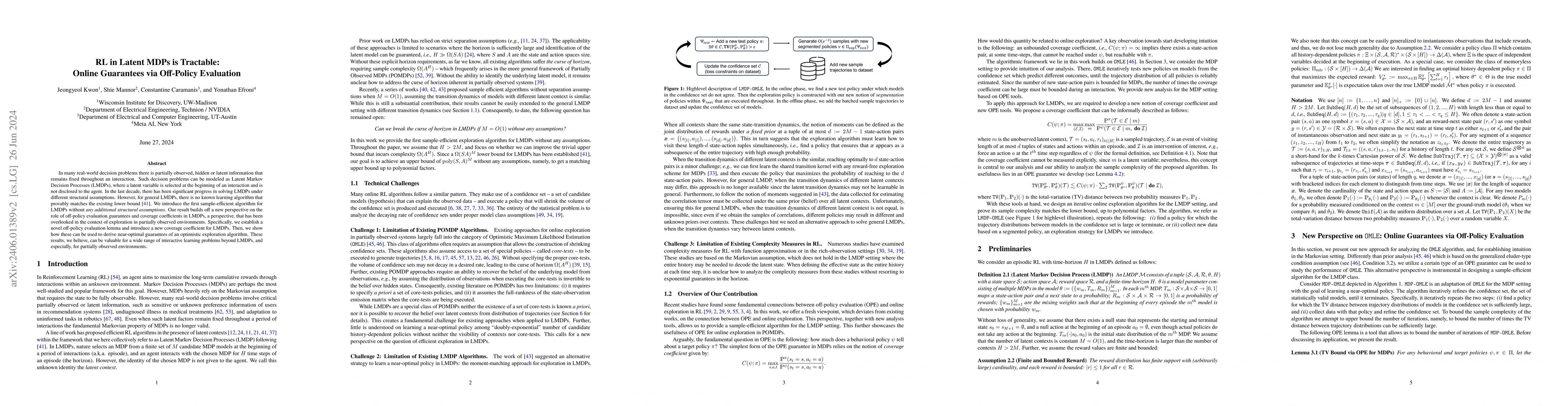 Thumbnail for RL in Latent MDPs is Tractable: Online Guarantees via Off-Policy
  Evaluation