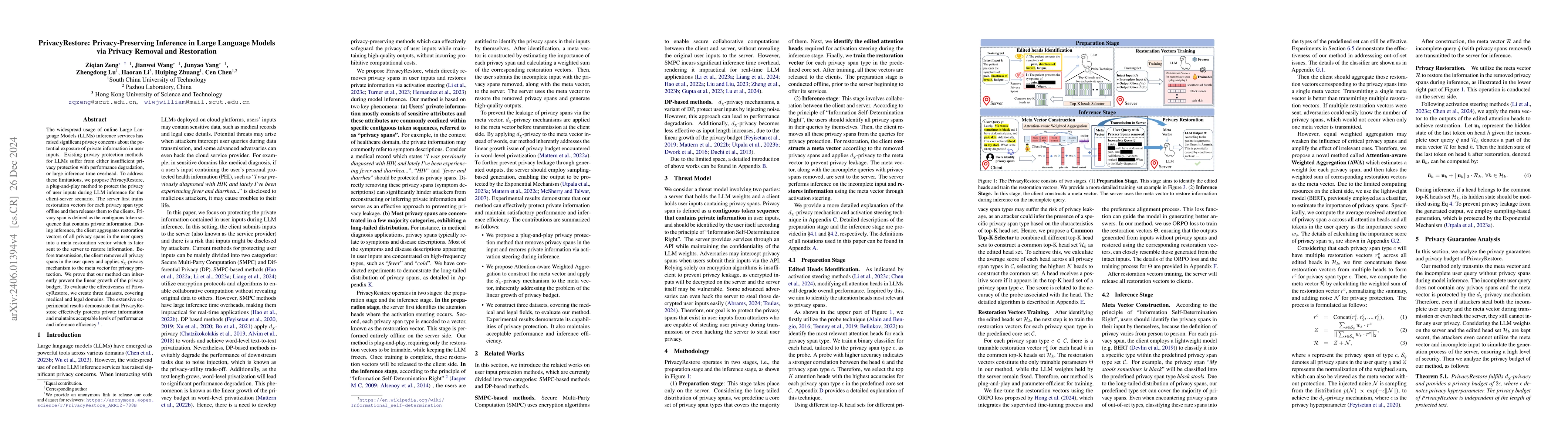 Thumbnail for PrivacyRestore: Privacy-Preserving Inference in Large Language Models
  via Privacy Removal and Restoration
