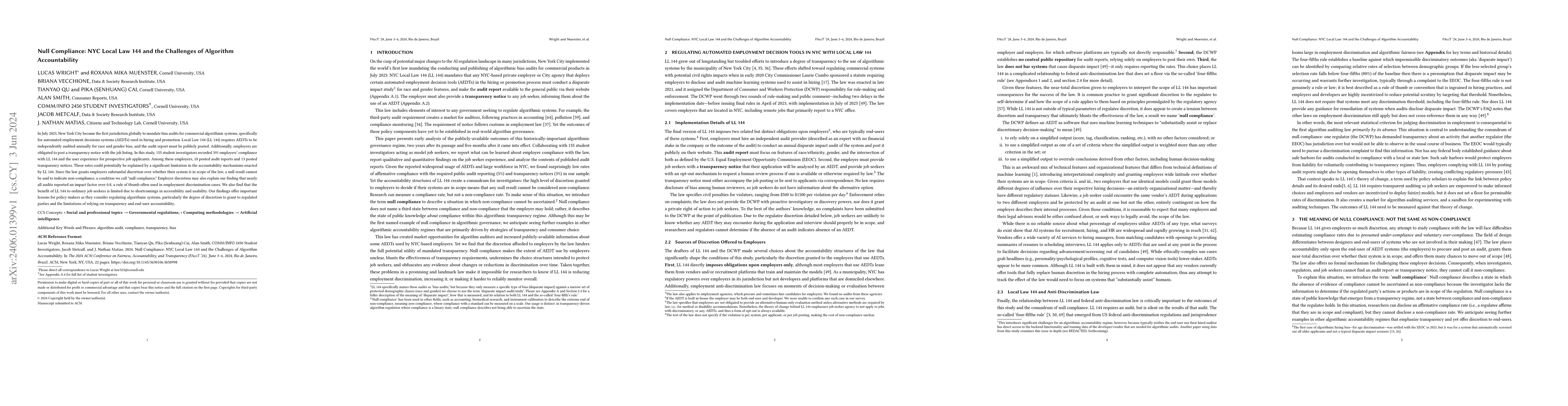 Thumbnail for Null Compliance: NYC Local Law 144 and the Challenges of Algorithm
  Accountability