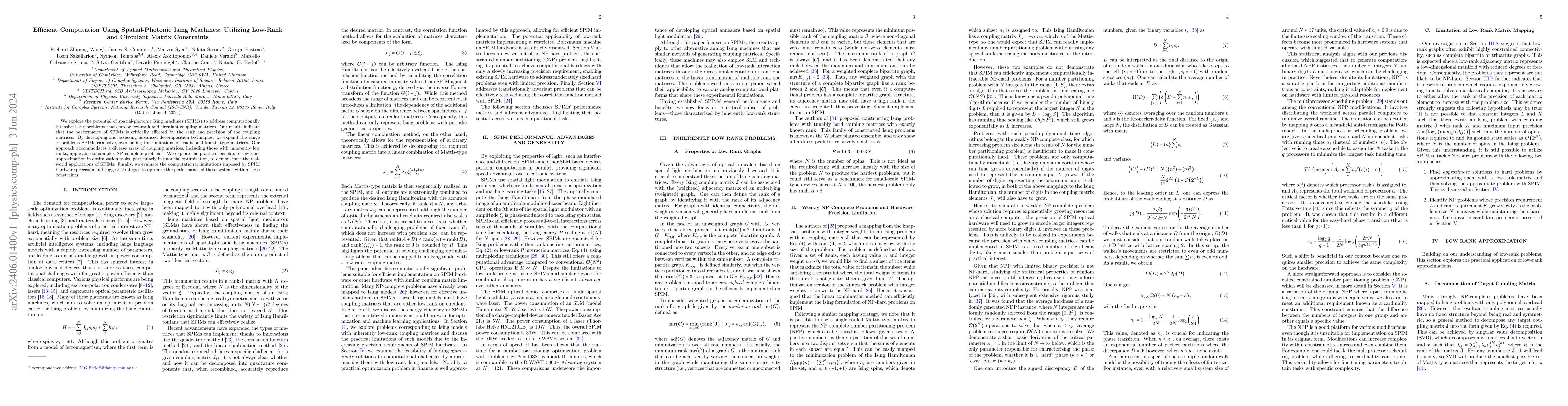 Thumbnail for Efficient Computation Using Spatial-Photonic Ising Machines: Utilizing
  Low-Rank and Circulant Matrix Constraints