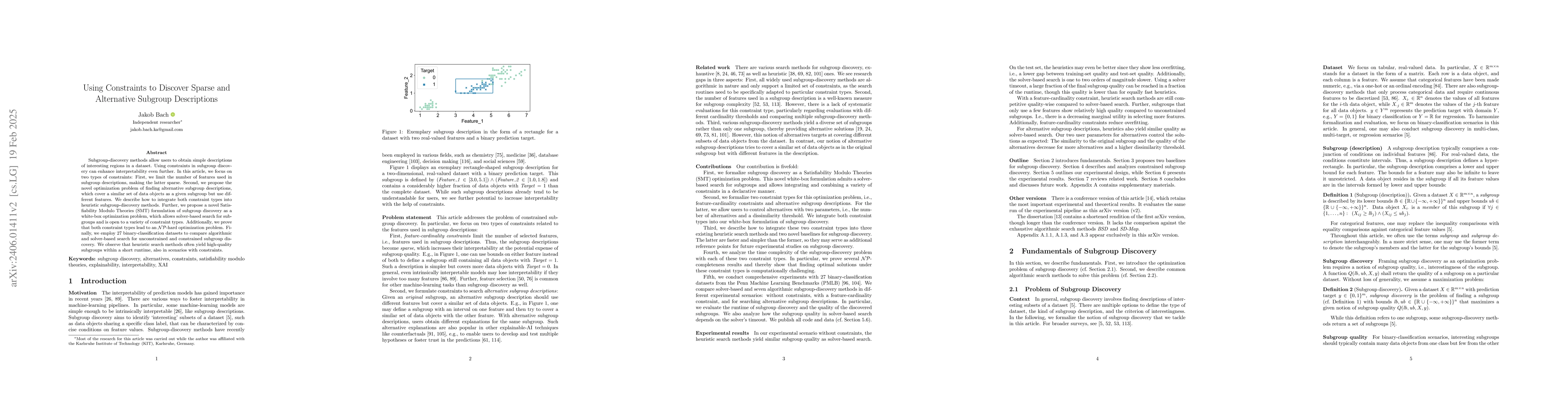 Thumbnail for Using Constraints to Discover Sparse and Alternative Subgroup
  Descriptions