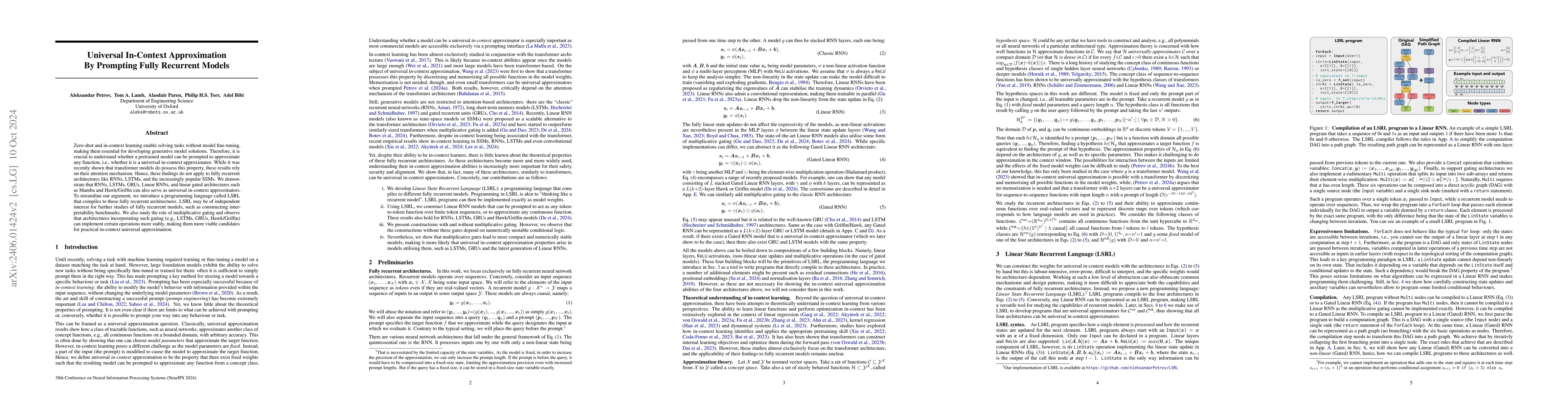 Thumbnail for Universal In-Context Approximation By Prompting Fully Recurrent Models