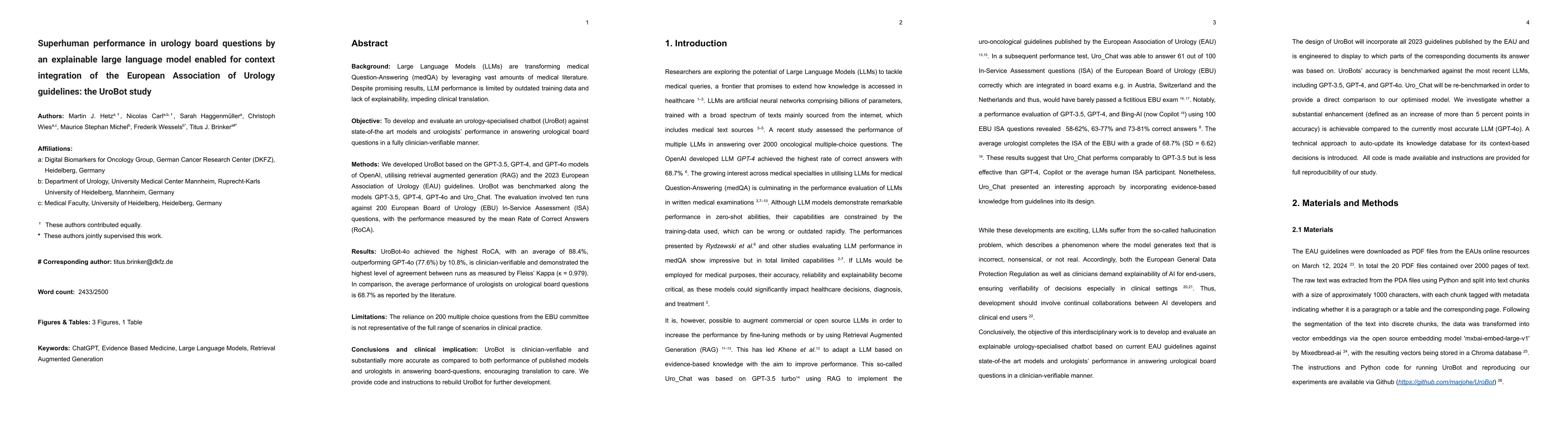 Thumbnail for Superhuman performance in urology board questions by an explainable
  large language model enabled for context integration of the European
  Association of Urology guidelines: the UroBot study
