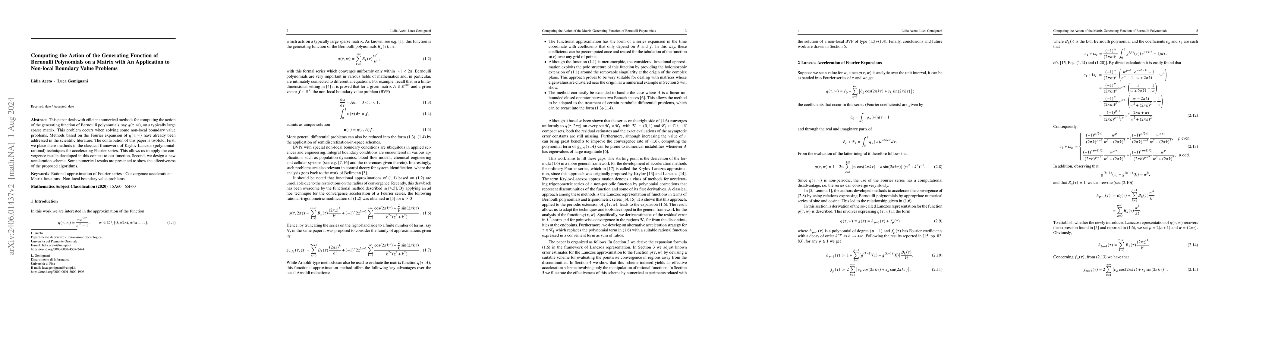 Thumbnail for Computing the Action of the Generating Function of Bernoulli Polynomials
  on a Matrix with An Application to Non-local Boundary Value Problems