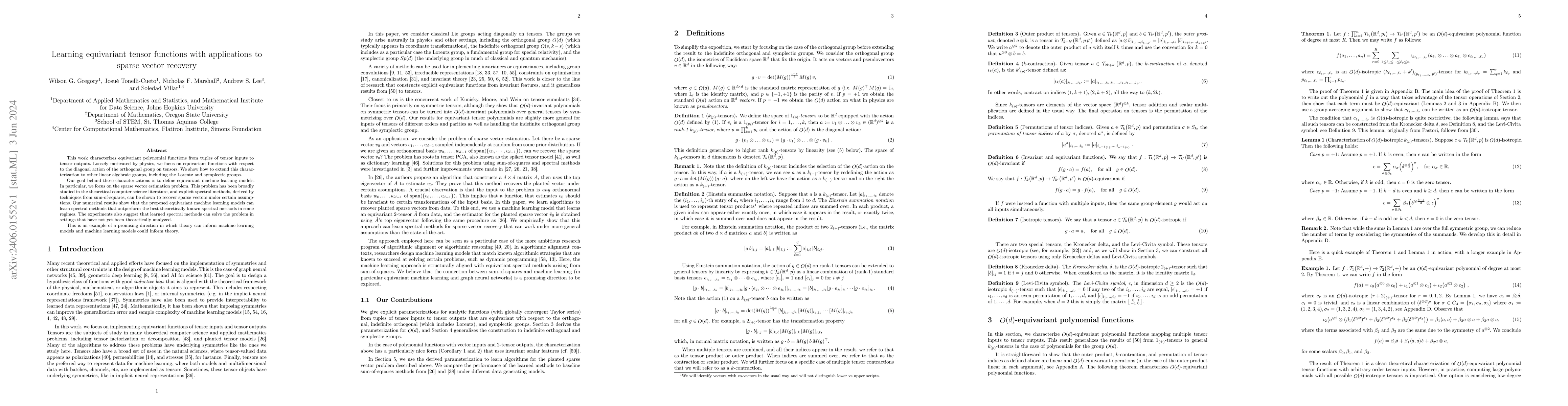 Thumbnail for Learning equivariant tensor functions with applications to sparse vector
  recovery