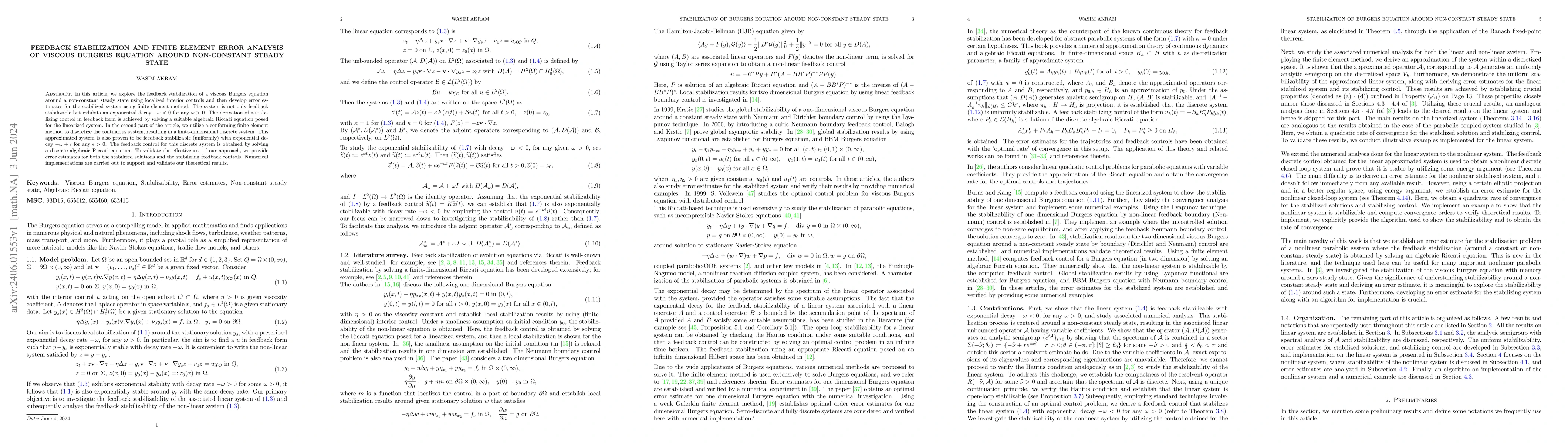 Thumbnail for Feedback Stabilization and Finite Element Error Analysis of Viscous
  Burgers Equation around Non-Constant Steady State