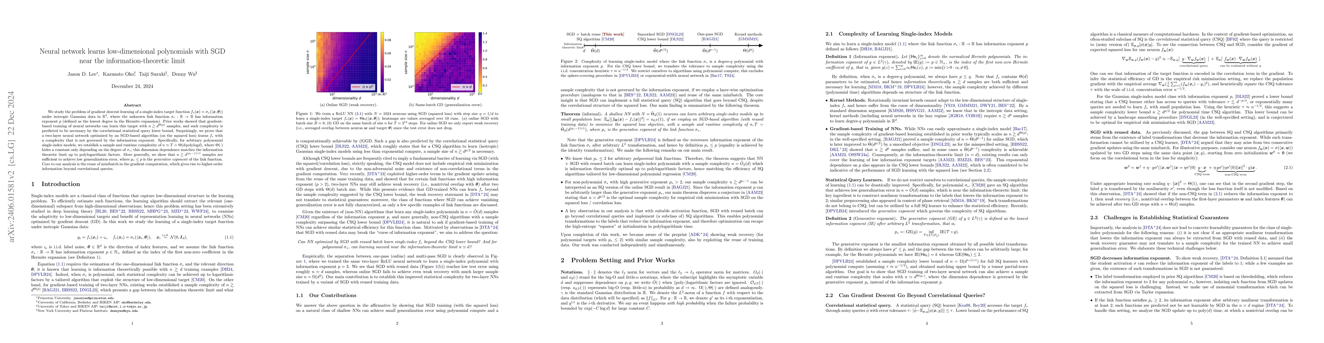 Thumbnail for Neural network learns low-dimensional polynomials with SGD near the
  information-theoretic limit