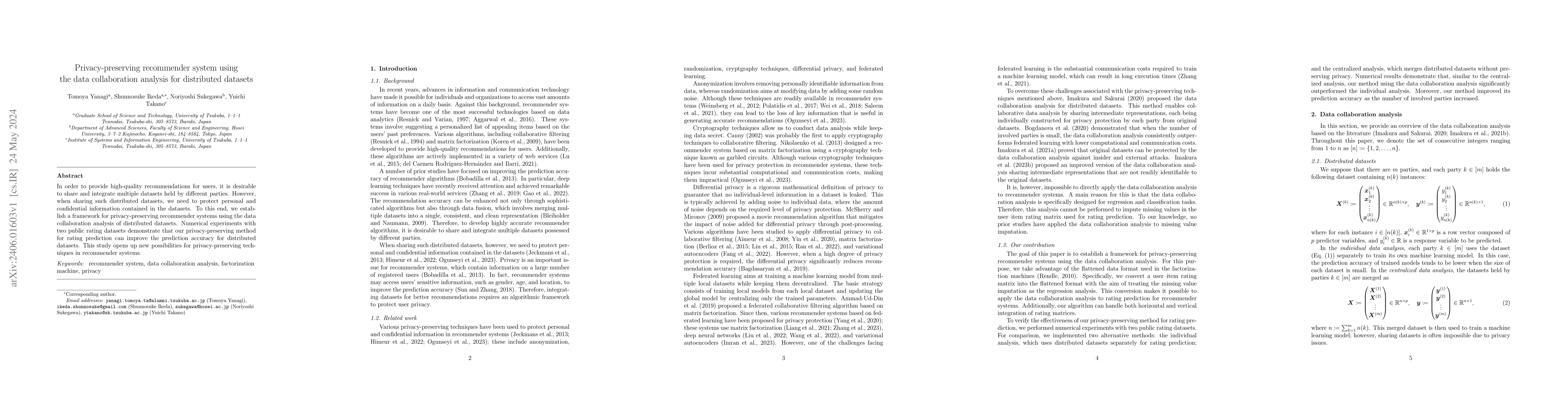 Thumbnail for Privacy-preserving recommender system using the data collaboration
  analysis for distributed datasets