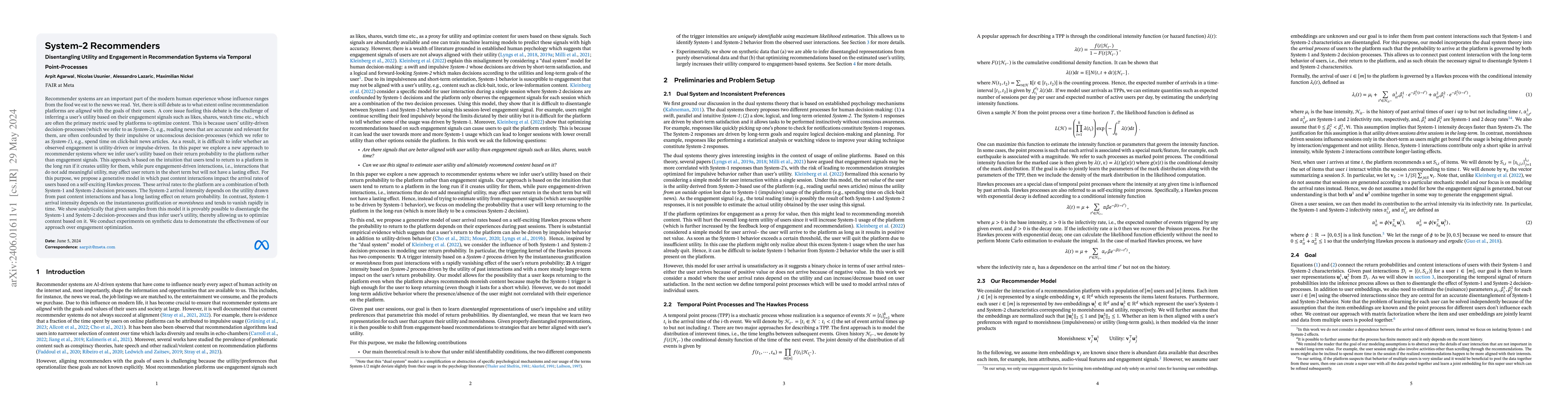 Thumbnail for System-2 Recommenders: Disentangling Utility and Engagement in
  Recommendation Systems via Temporal Point-Processes