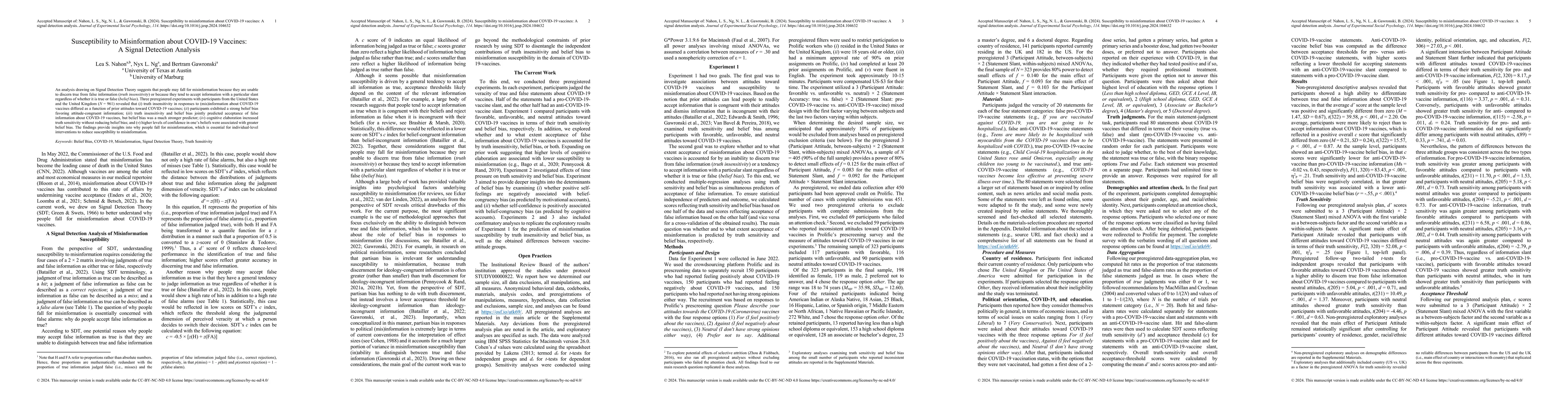 Thumbnail for Susceptibility to Misinformation about COVID-19 Vaccines: A Signal
  Detection Analysis
