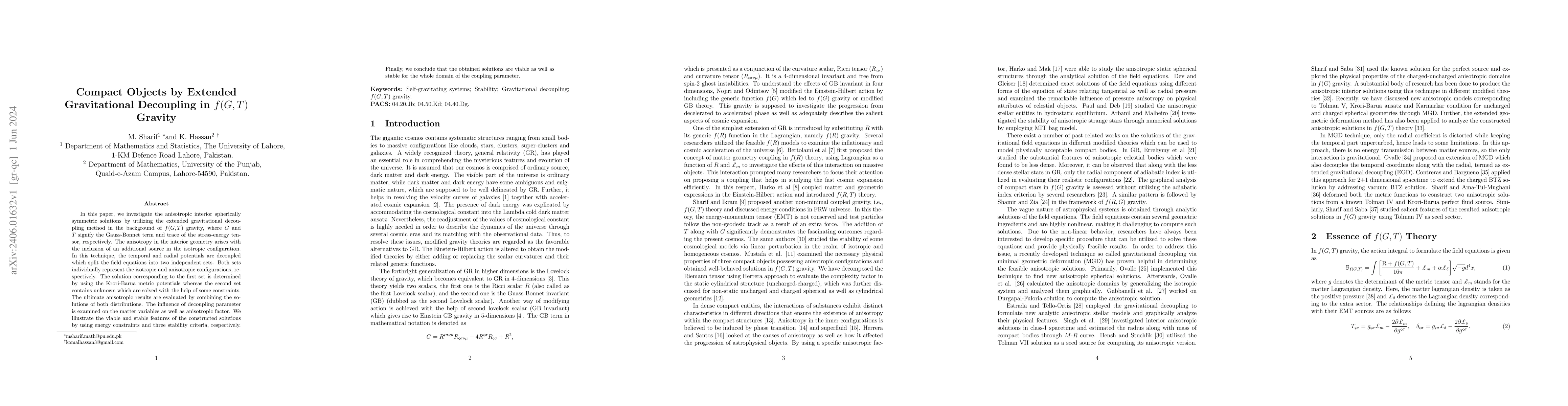Thumbnail for Compact Objects by Extended Gravitational Decoupling in f(G,T) Gravity