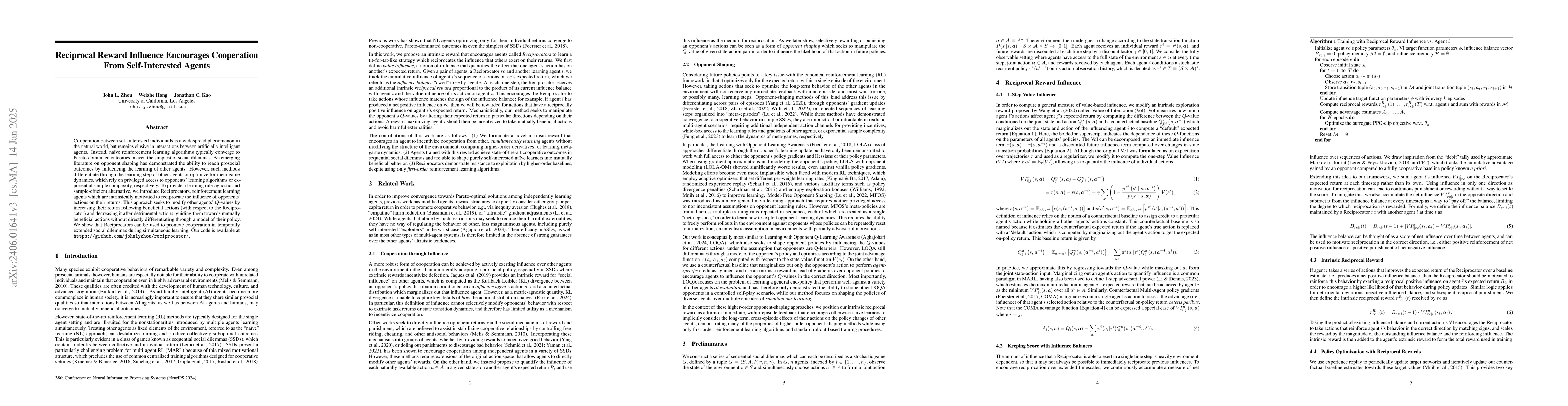 Thumbnail for Reciprocal Reward Influence Encourages Cooperation From Self-Interested
  Agents