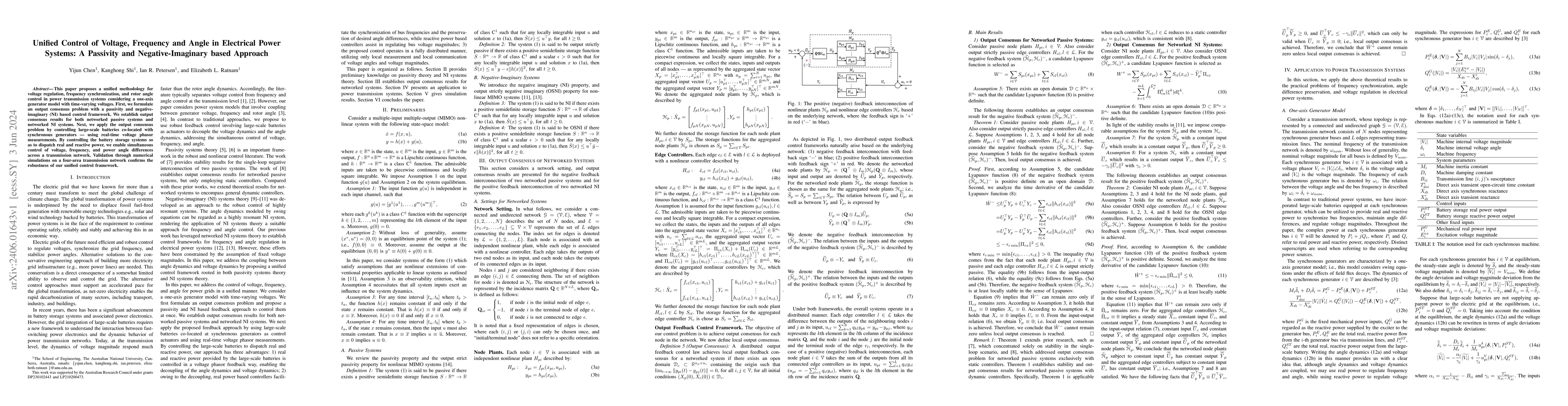 Thumbnail for Unified Control of Voltage, Frequency and Angle in Electrical Power
  Systems: A Passivity and Negative-Imaginary based Approach