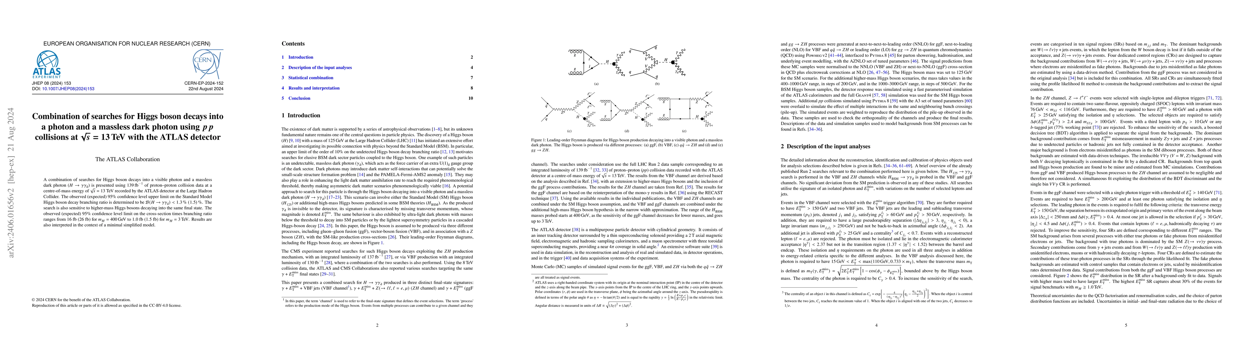 Thumbnail for Combination of searches for Higgs boson decays into a photon and a
  massless dark photon using $pp$ collisions at $\sqrt{s} = 13$ TeV with the
  ATLAS detector