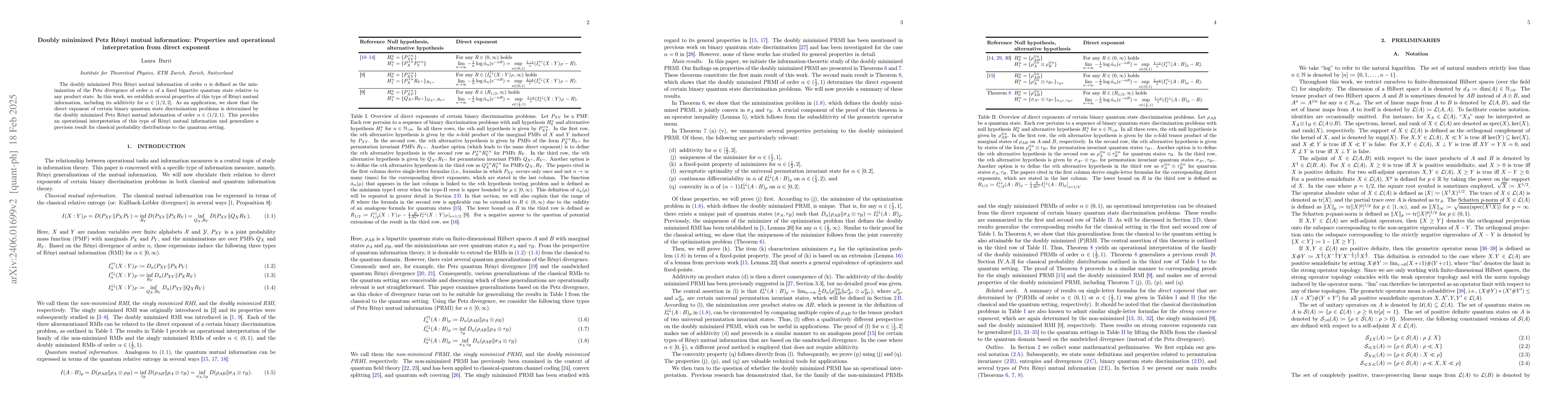 Thumbnail for Doubly minimized Petz Renyi mutual information: Properties and
  operational interpretation from direct exponent