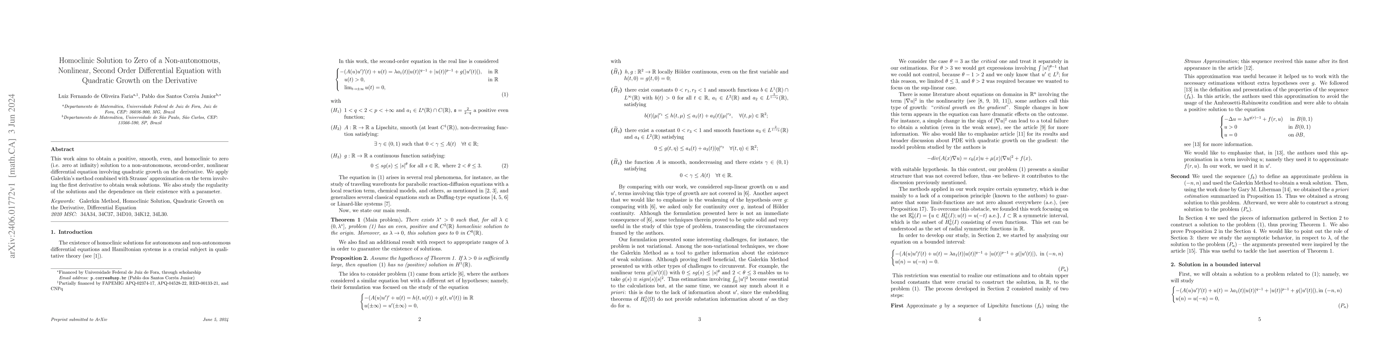 Thumbnail for Homoclinic Solution to Zero of a Non-autonomous, Nonlinear, Second Order
  Differential Equation with Quadratic Growth on the Derivative