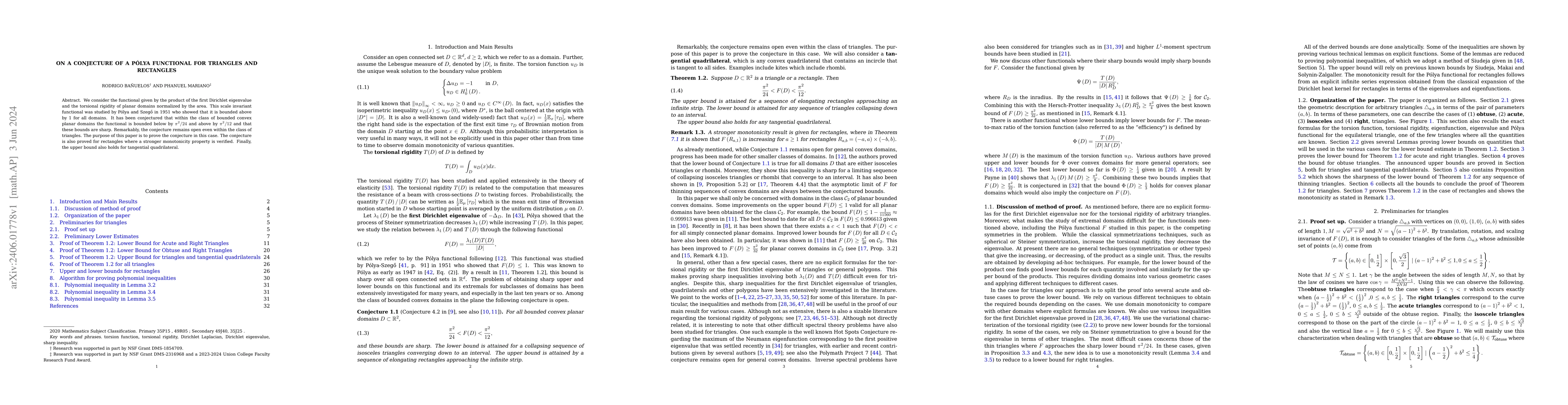 Thumbnail for On a conjecture of a P\'olya functional for triangles and rectangles