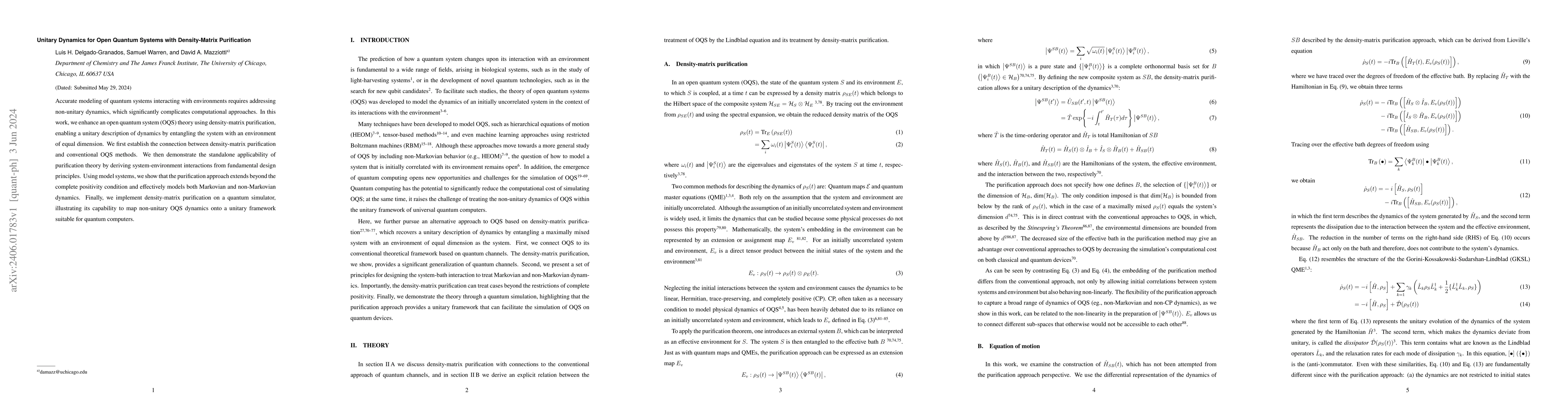 Thumbnail for Unitary Dynamics for Open Quantum Systems with Density-Matrix
  Purification