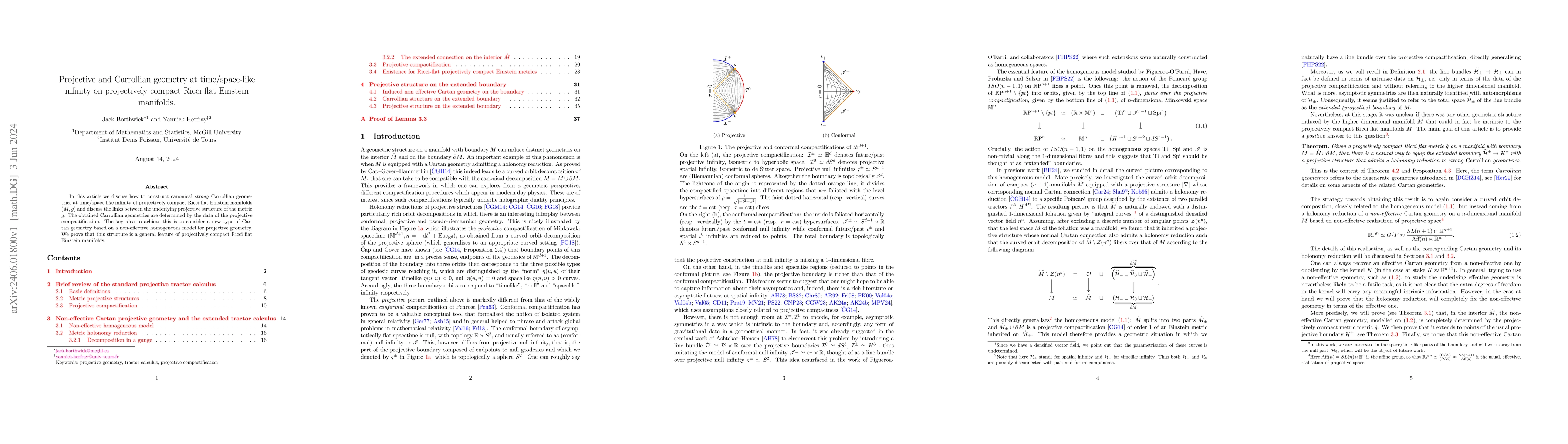 Thumbnail for Projective and Carrollian geometry at time/space-like infinity on
  projectively compact Ricci flat Einstein manifolds