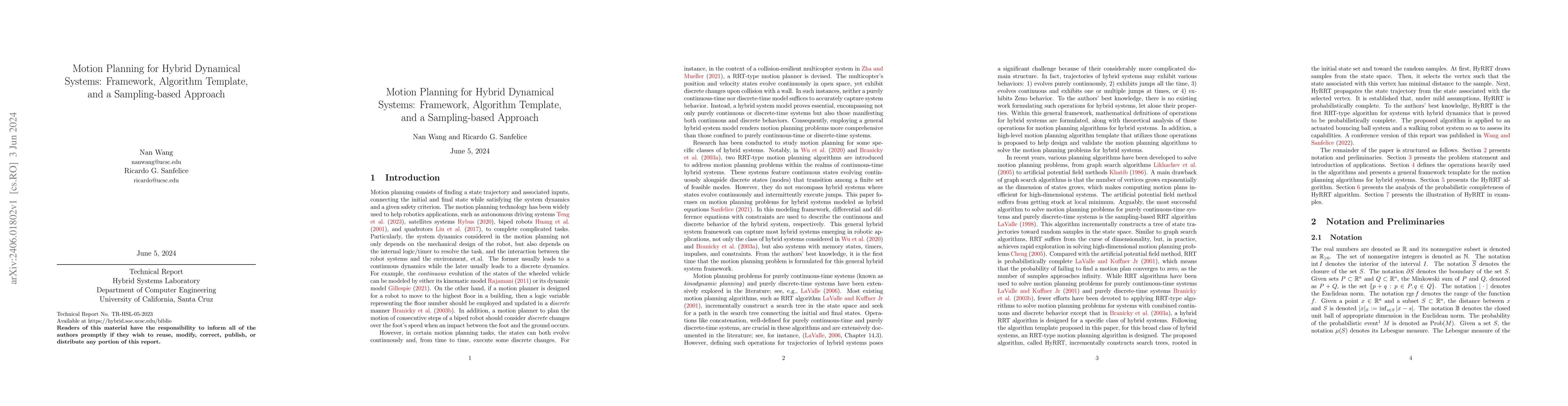 Thumbnail for Motion Planning for Hybrid Dynamical Systems: Framework, Algorithm
  Template, and a Sampling-based Approach