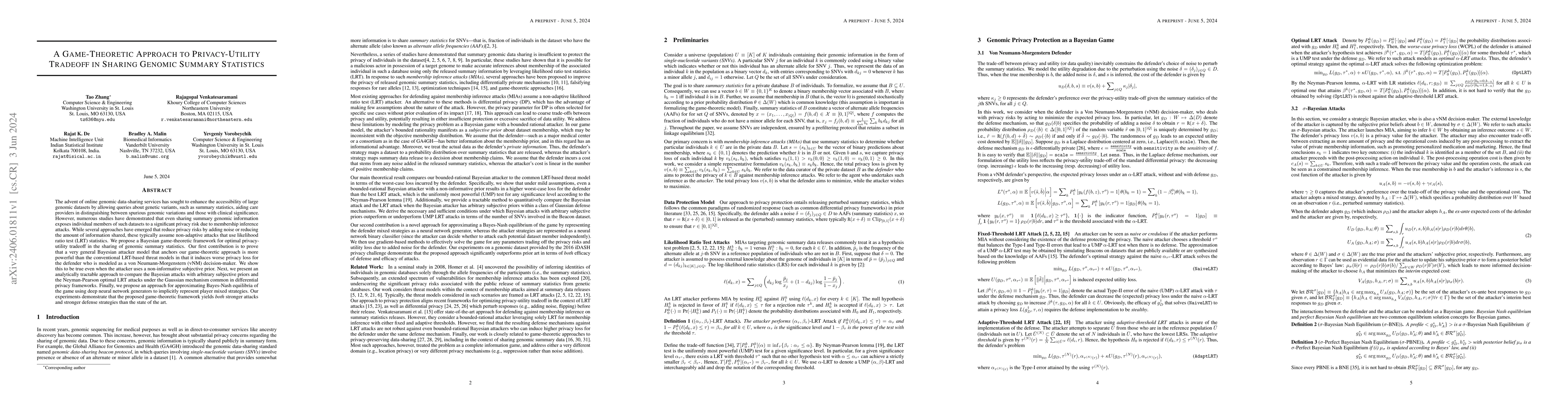 Thumbnail for A Game-Theoretic Approach to Privacy-Utility Tradeoff in Sharing Genomic
  Summary Statistics