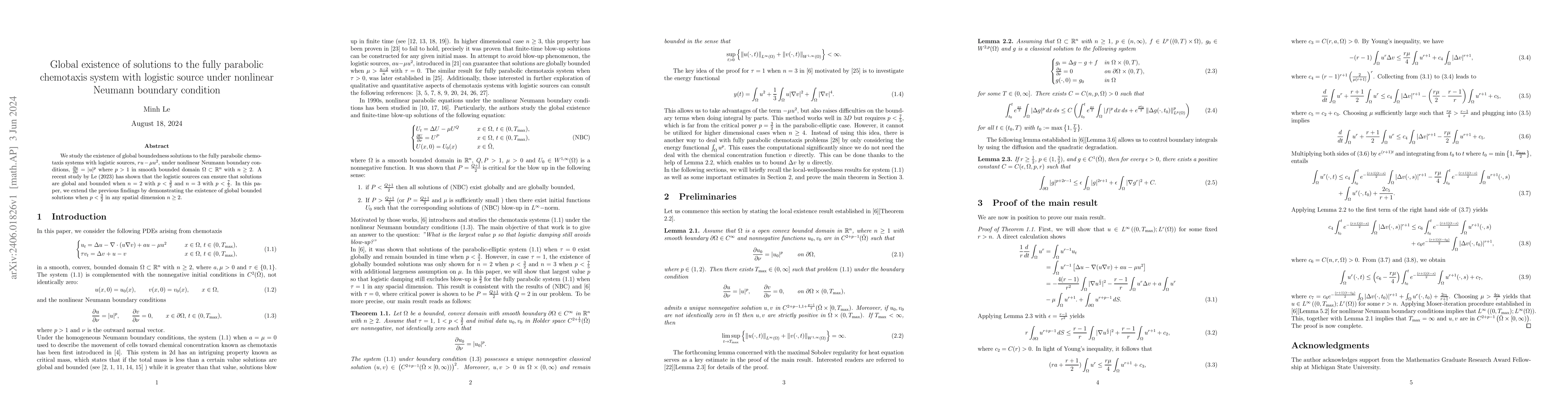Thumbnail for Global existence of solutions to the fully parabolic chemotaxis system
  with logistic source under nonlinear Neumann boundary conditions