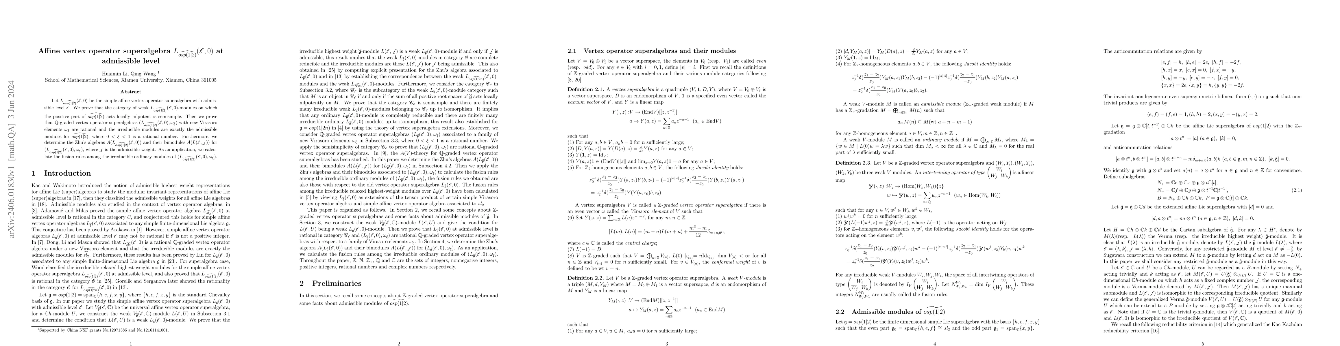 Thumbnail for Affine vertex operator superalgebra
  $L_{\widehat{osp(1|2)}}(\mathcal{l},0)$ at admissible level