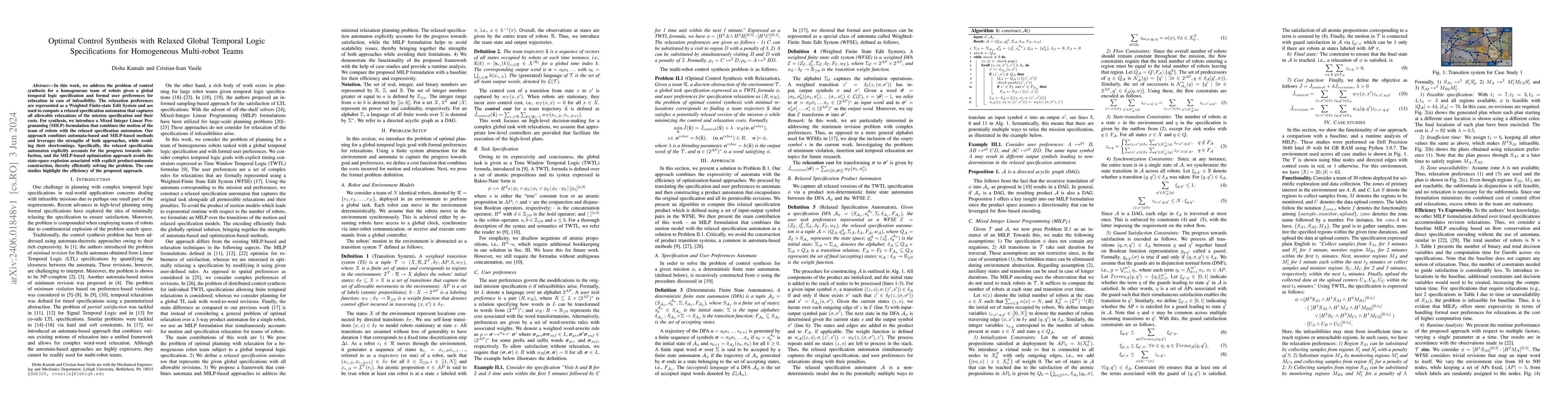 Thumbnail for Optimal Control Synthesis with Relaxed Global Temporal Logic
  Specifications for Homogeneous Multi-robot Teams