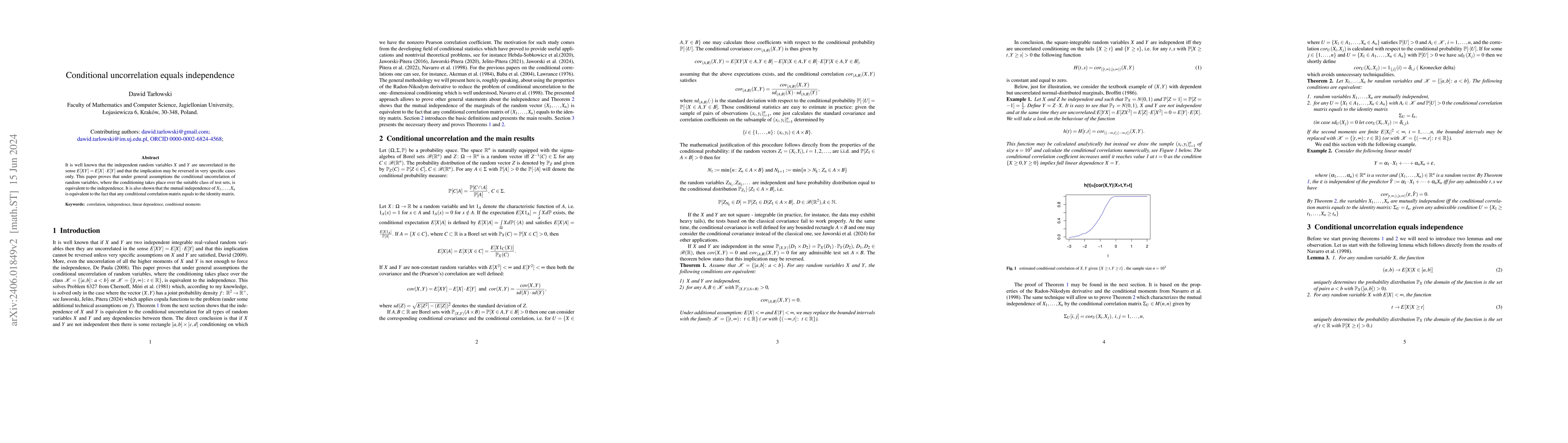 Thumbnail for Conditional uncorrelation equals independence