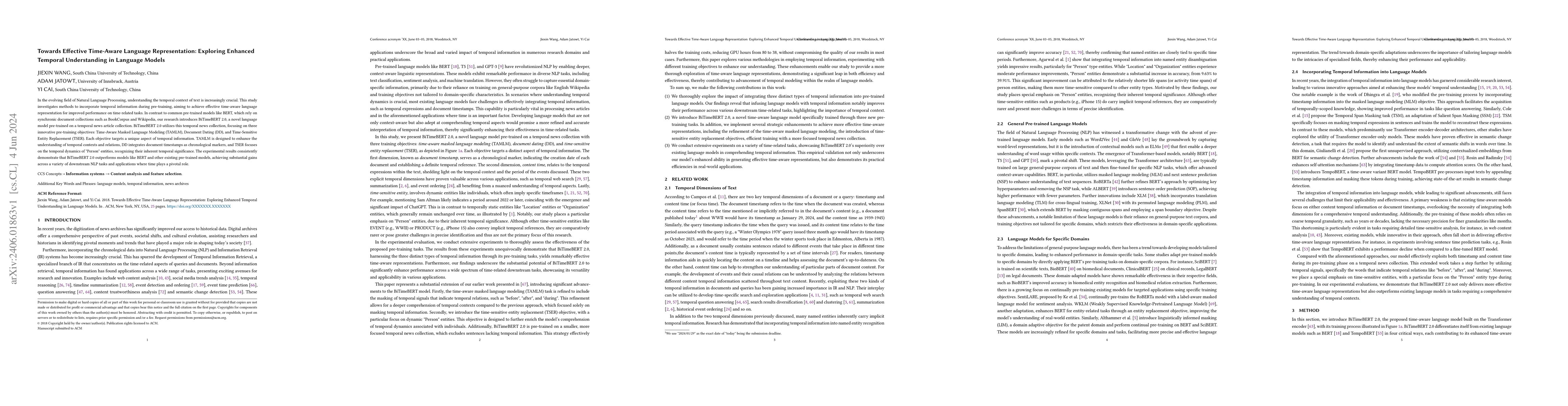 Thumbnail for Towards Effective Time-Aware Language Representation: Exploring Enhanced
  Temporal Understanding in Language Models