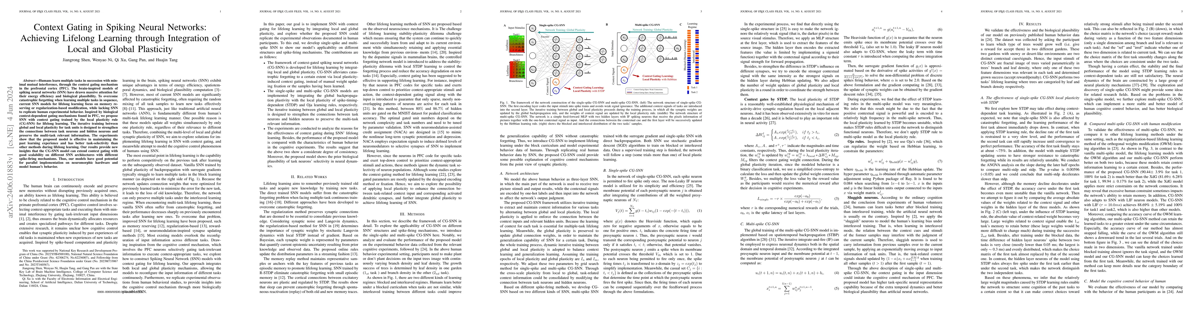 Thumbnail for Context Gating in Spiking Neural Networks: Achieving Lifelong Learning
  through Integration of Local and Global Plasticity