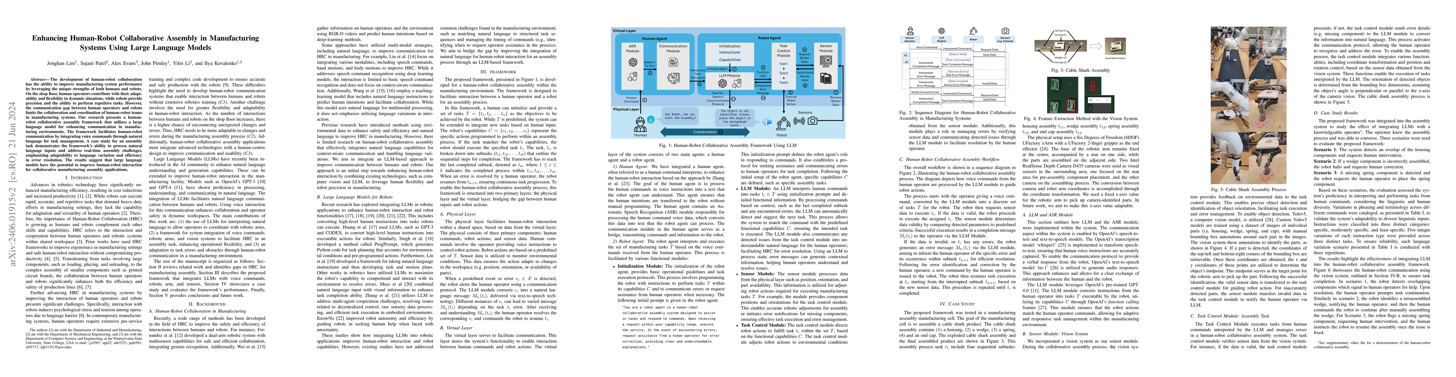 Thumbnail for Enhancing Human-Robot Collaborative Assembly in Manufacturing Systems
  Using Large Language Models