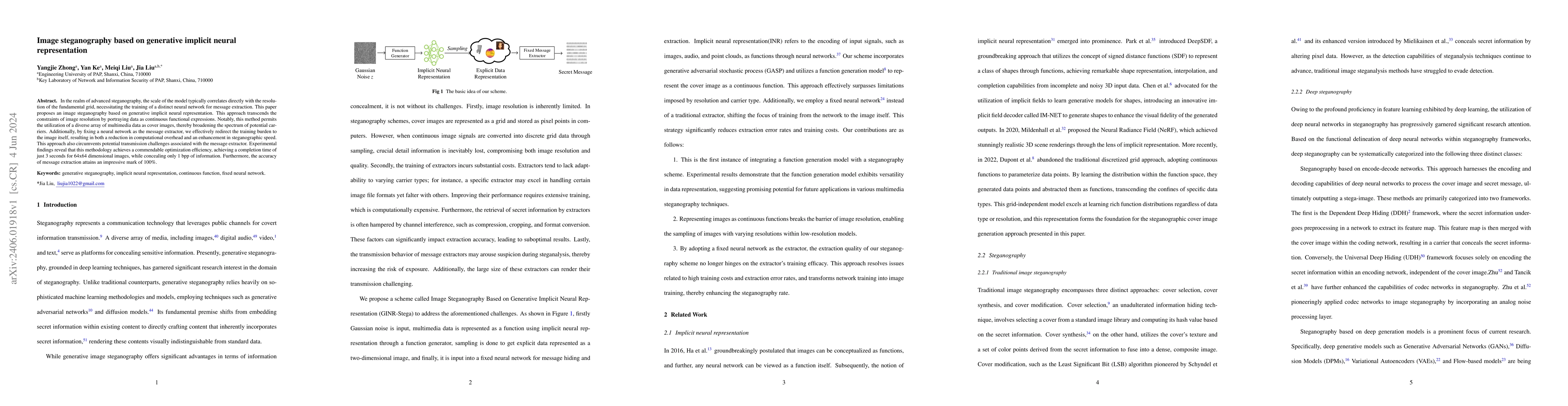 Thumbnail for Image steganography based on generative implicit neural representation