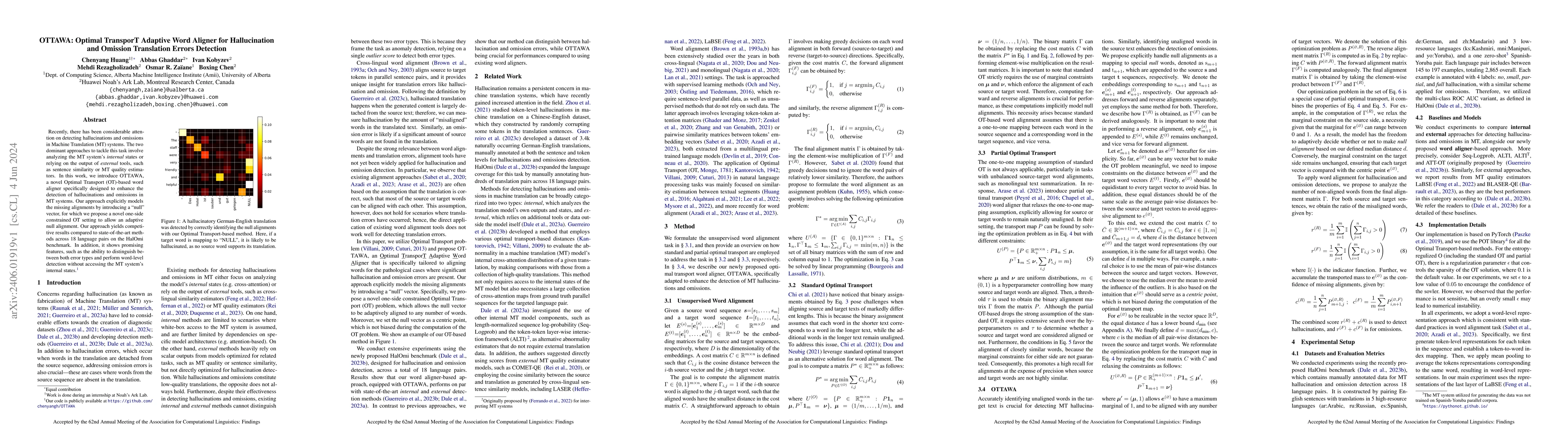 Thumbnail for OTTAWA: Optimal TransporT Adaptive Word Aligner for Hallucination and
  Omission Translation Errors Detection