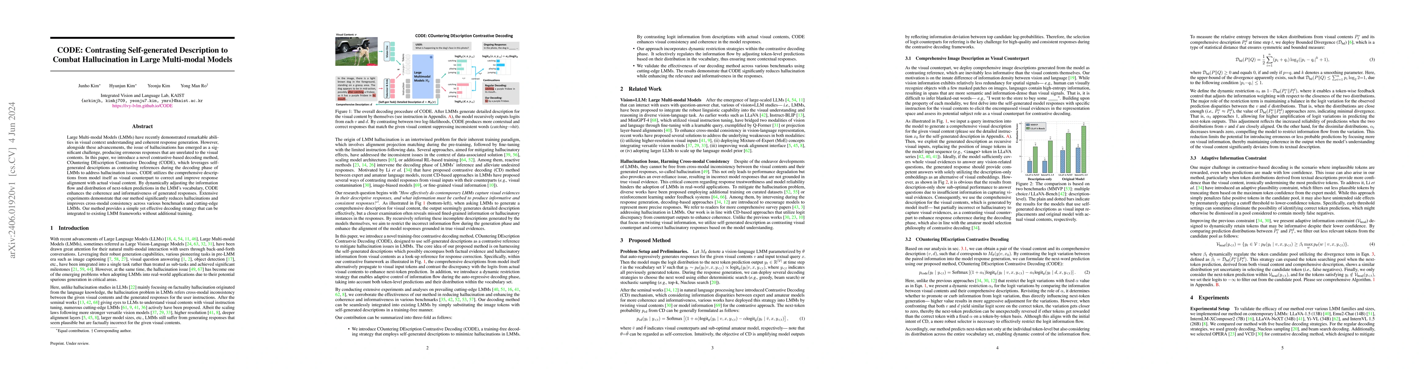 Thumbnail for CODE: Contrasting Self-generated Description to Combat Hallucination in
  Large Multi-modal Models