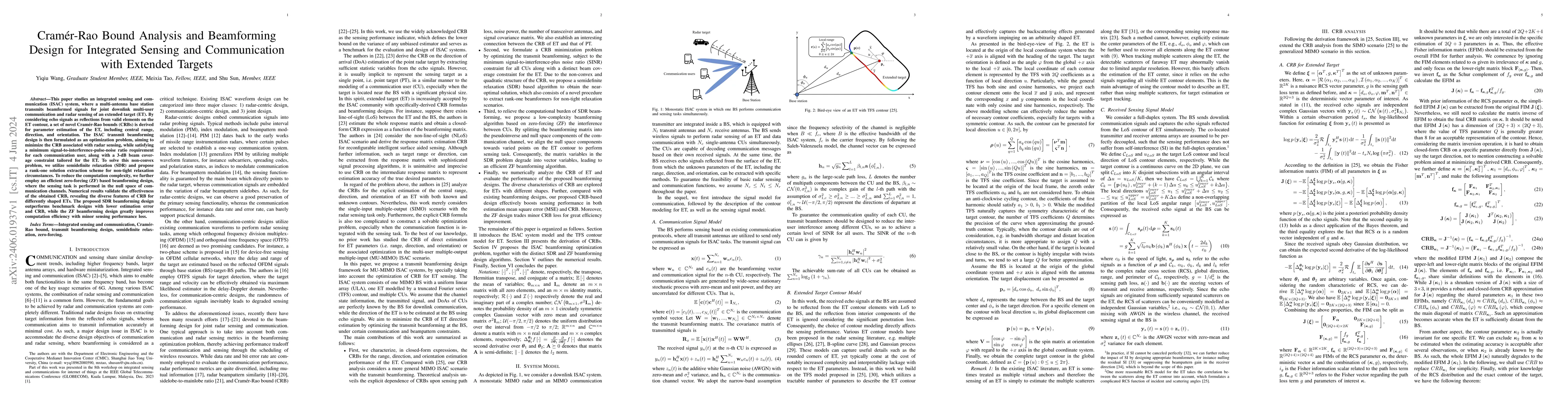 Thumbnail for Cram\'er-Rao Bound Analysis and Beamforming Design for Integrated
  Sensing and Communication with Extended Targets