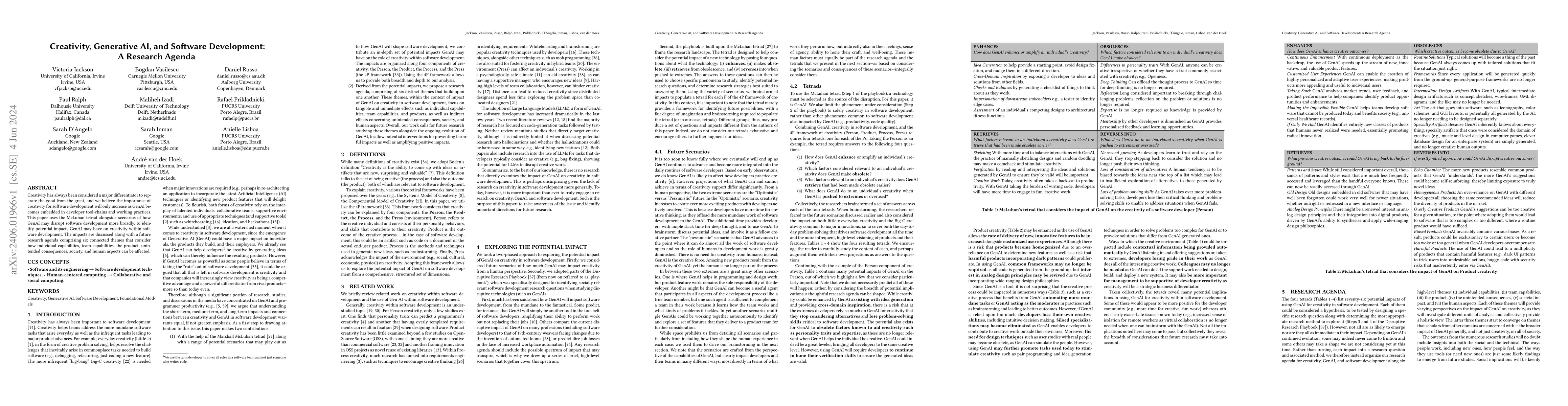 Thumbnail for Creativity, Generative AI, and Software Development: A Research Agenda