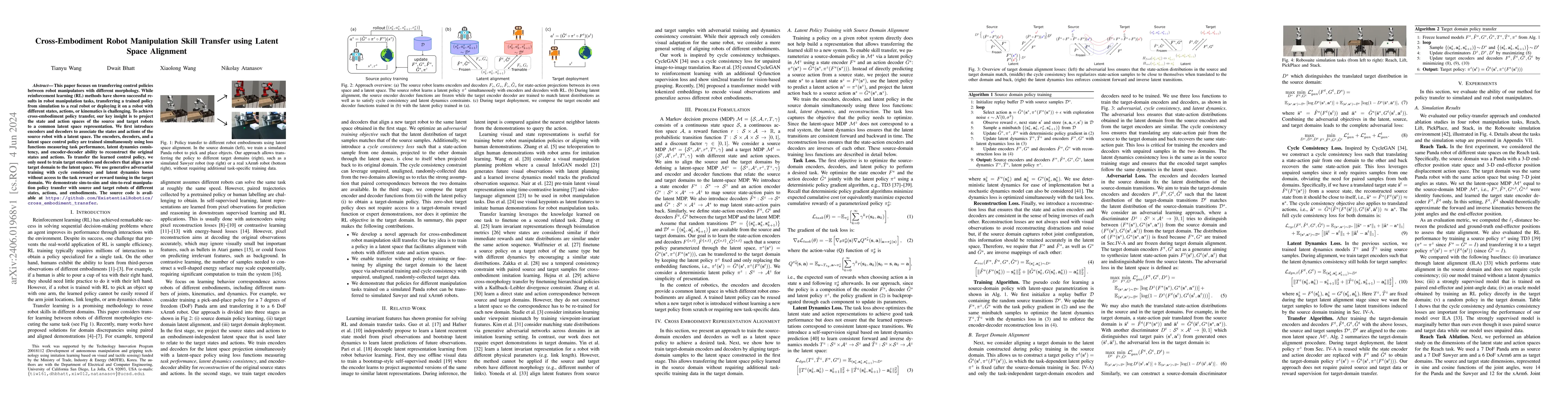 Thumbnail for Cross-Embodiment Robot Manipulation Skill Transfer using Latent Space
  Alignment