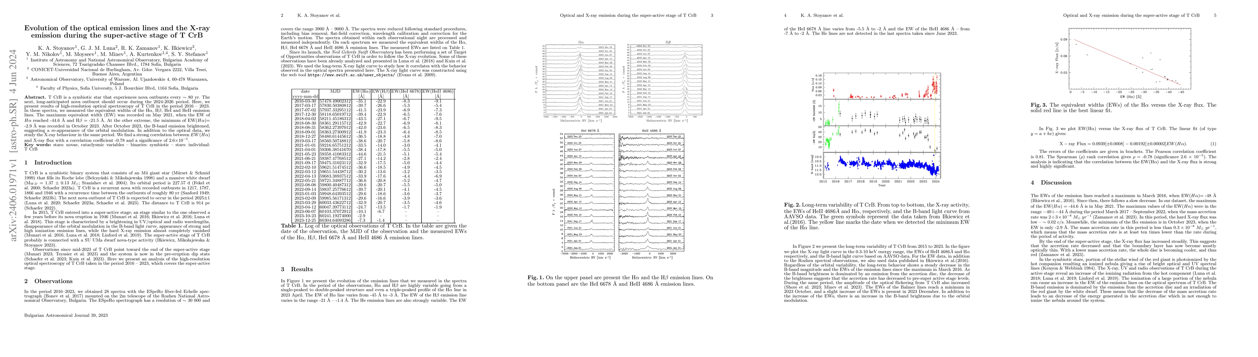 Thumbnail for Evolution of the optical emission lines and the X-ray emission during
  the super-active stage of T CrB