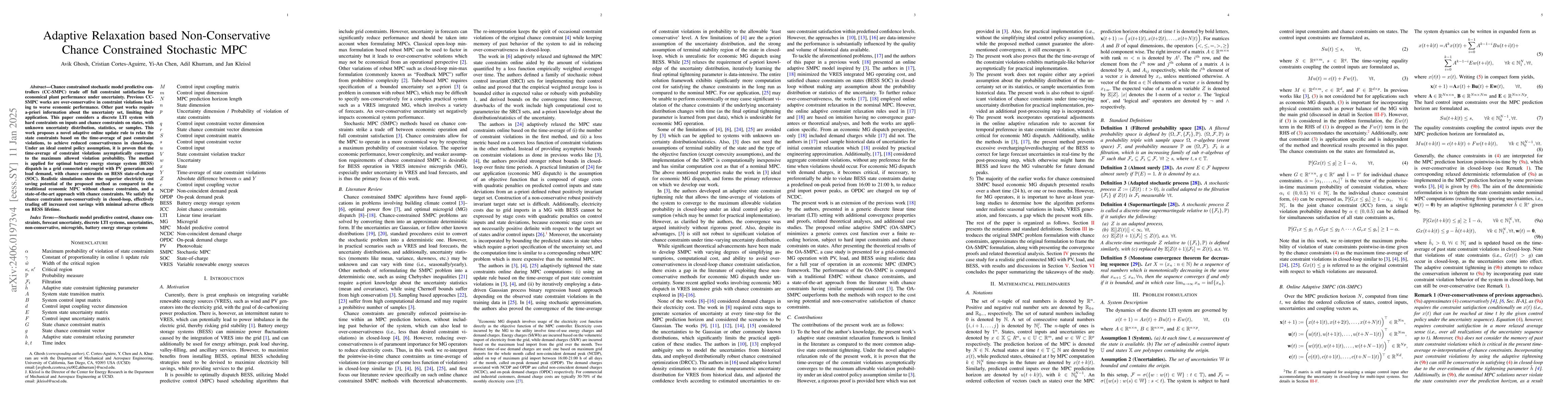 Thumbnail for Adaptive Relaxation based Non-Conservative Chance Constrained Stochastic
  MPC for Battery Scheduling Under Forecast Uncertainties