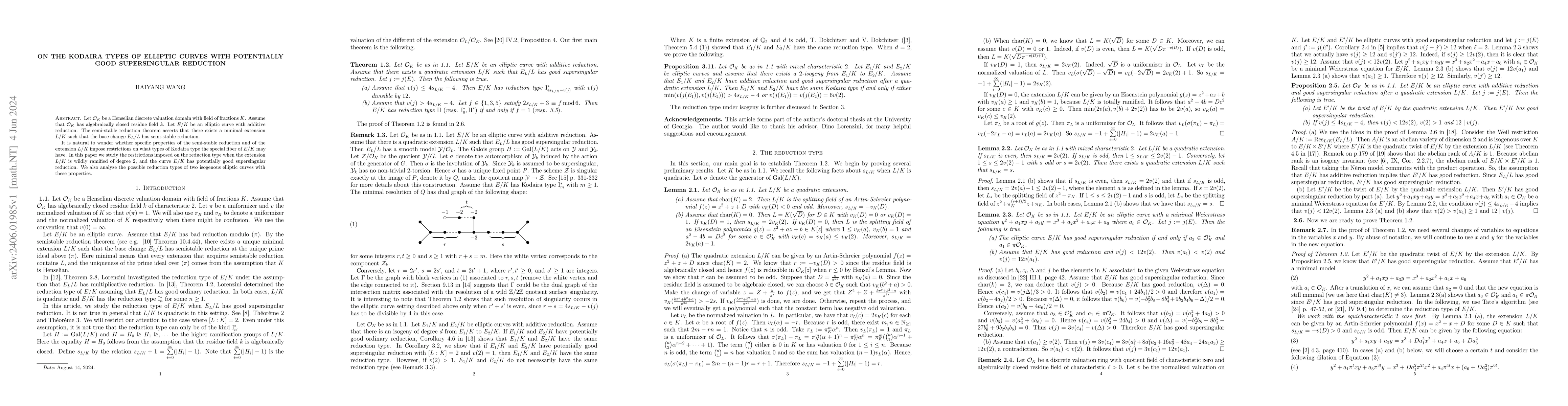 Thumbnail for On the Kodaira types of elliptic curves with potentially good
  supersingular reduction
