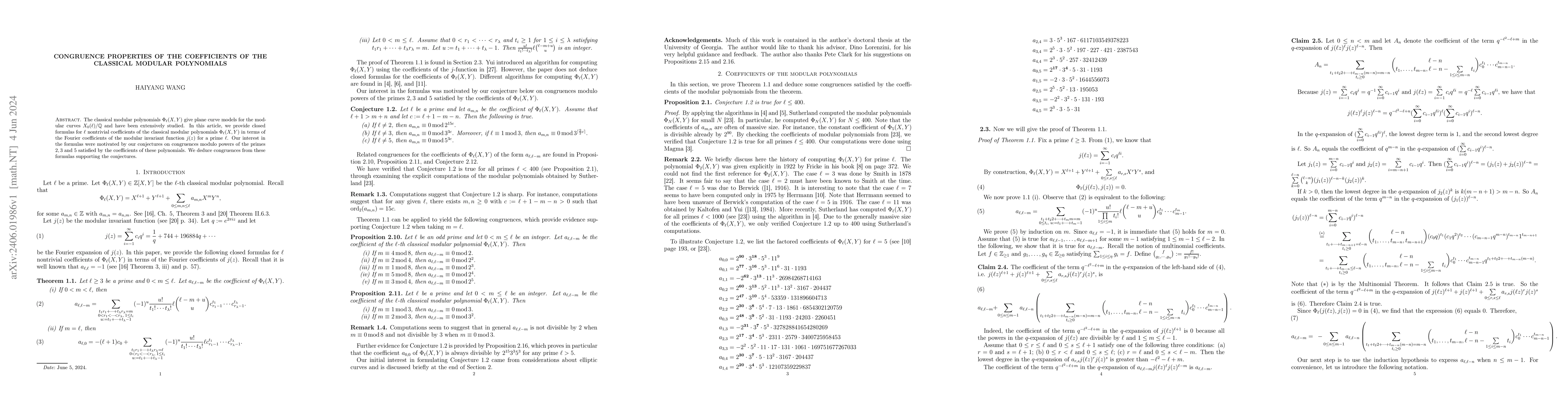 Thumbnail for Congruence properties of the coefficients of the classical modular
  polynomials