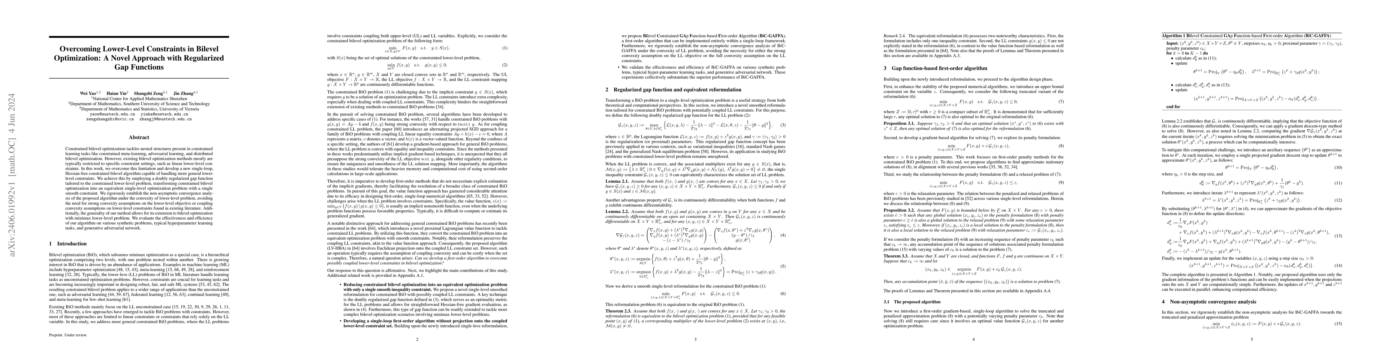 Thumbnail for Overcoming Lower-Level Constraints in Bilevel Optimization: A Novel
  Approach with Regularized Gap Functions