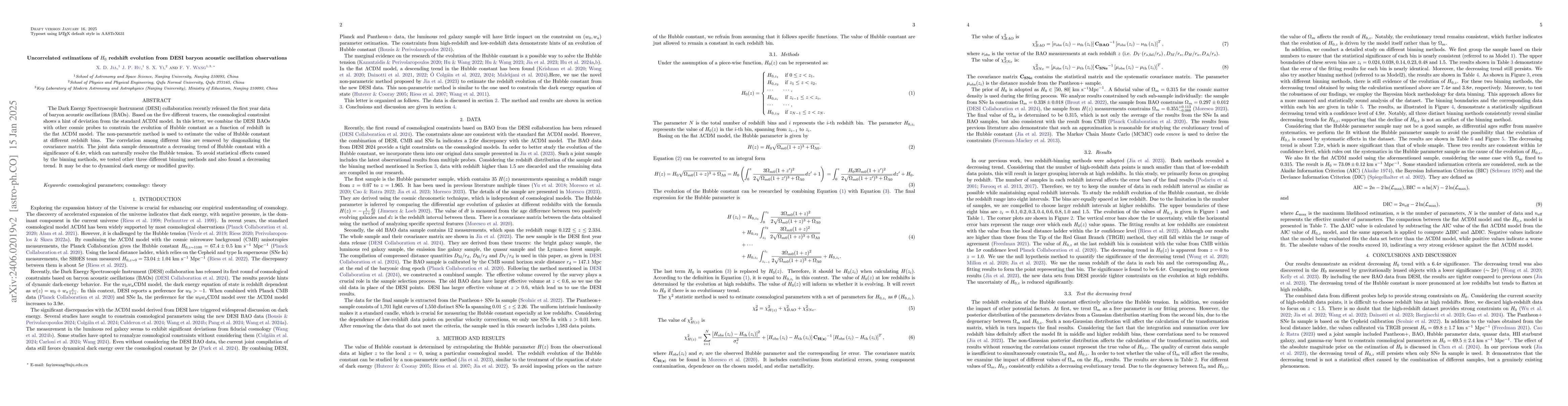 Thumbnail for Uncorrelated estimations of $H_0$ redshift evolution from DESI baryon
  acoustic oscillation observations