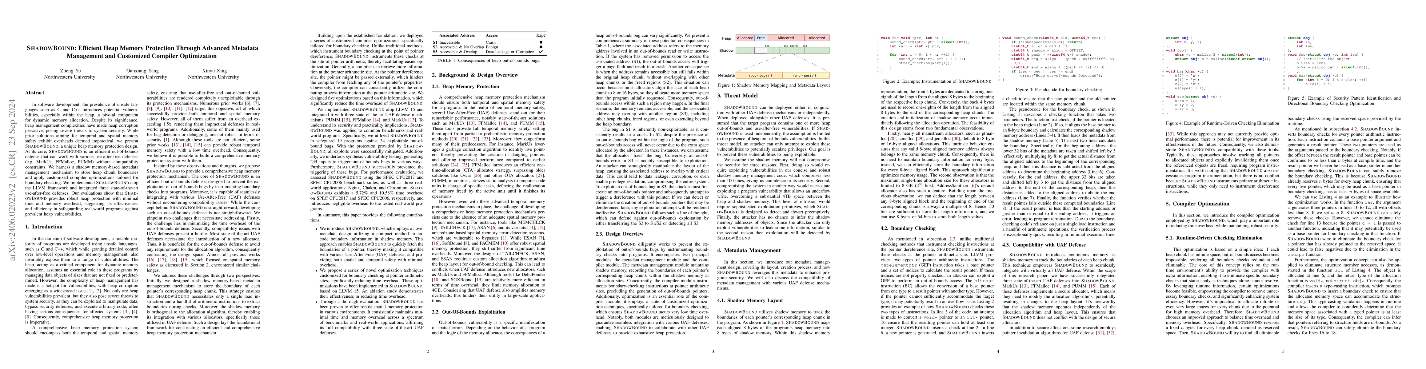 Thumbnail for ShadowBound: Efficient Heap Memory Protection Through Advanced Metadata
  Management and Customized Compiler Optimization