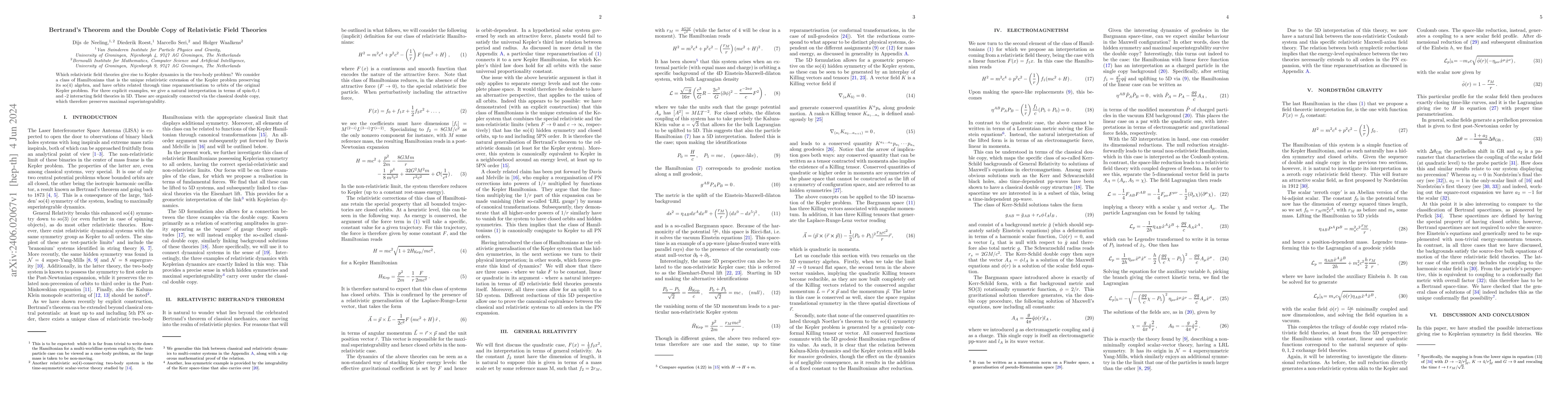 Thumbnail for Bertran\v{d}s Theorem and the Double Copy of Relativistic Field Theories