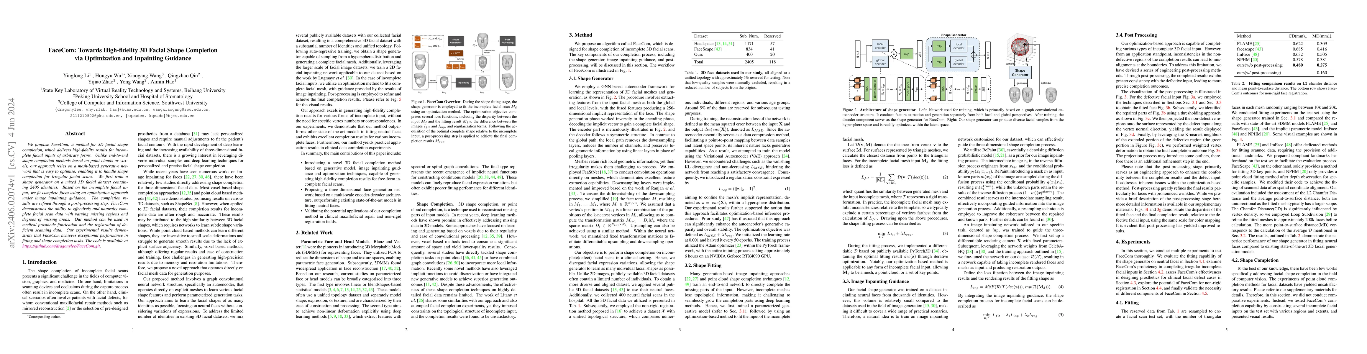 Thumbnail for FaceCom: Towards High-fidelity 3D Facial Shape Completion via
  Optimization and Inpainting Guidance