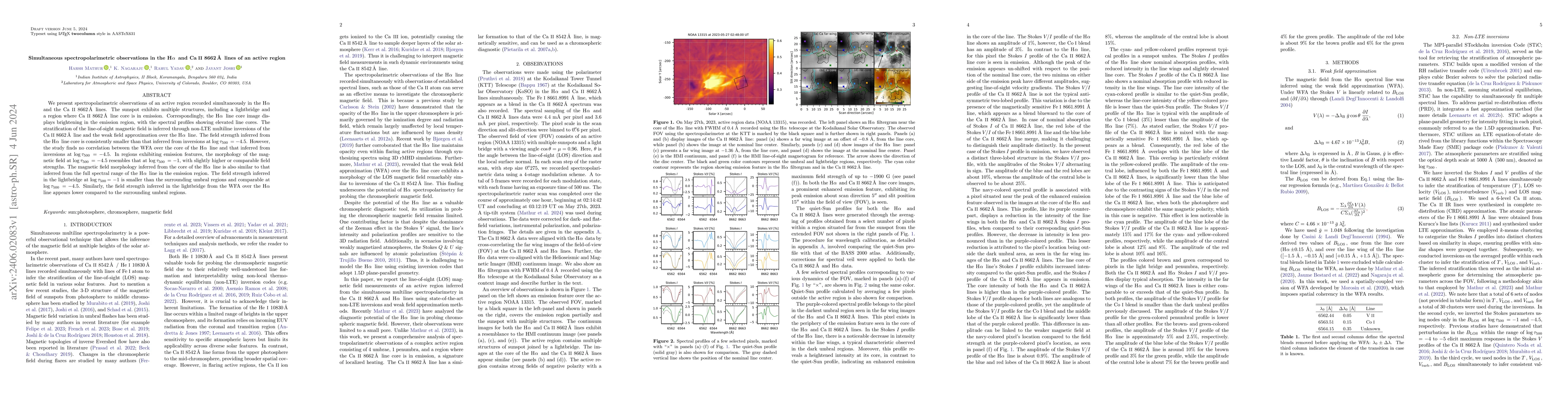 Thumbnail for Simultaneous spectropolarimetric observations in the H$\alpha$ and Ca II
  8662 {\AA} lines of an active region