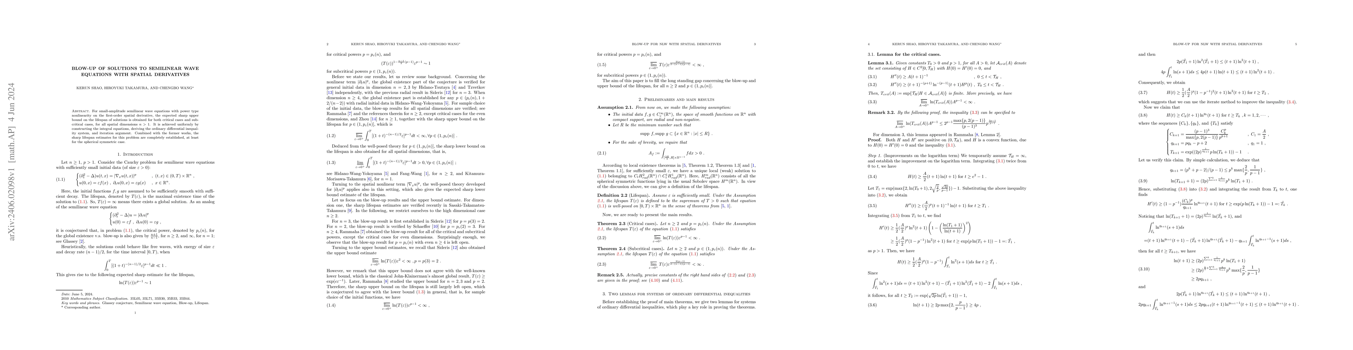 Thumbnail for Blow-up of solutions to semilinear wave equations with spatial
  derivatives